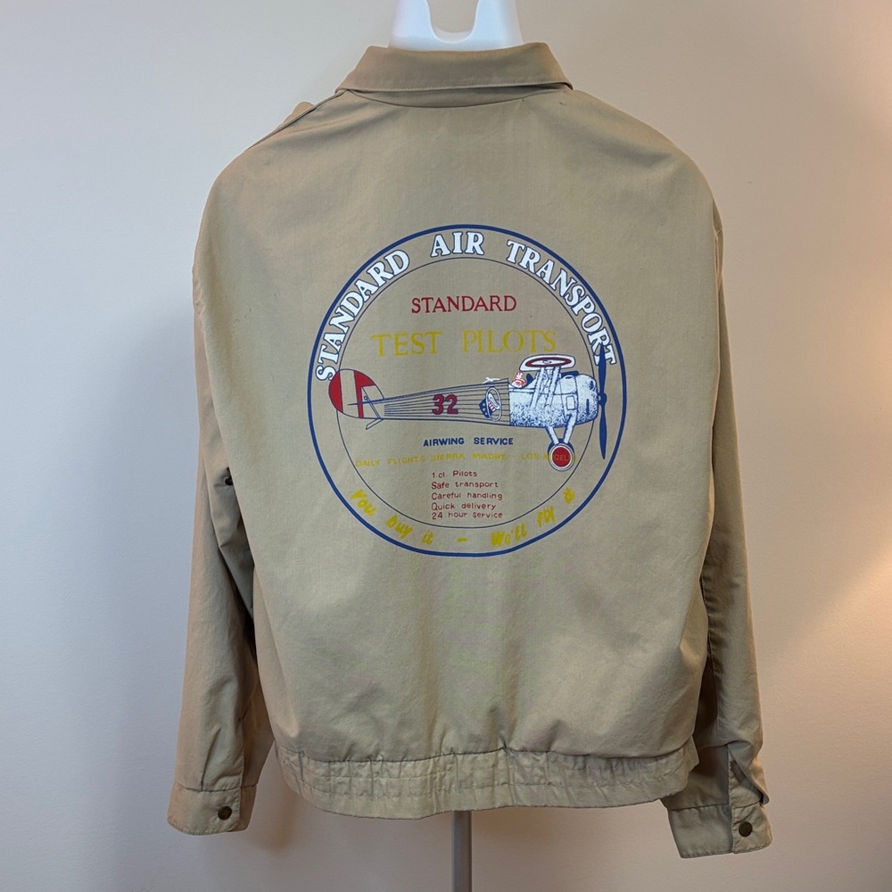 Vintage Trader Bay Khaki Retro Graphic Aviation Pilot Bomber Jacket Men Sz Large